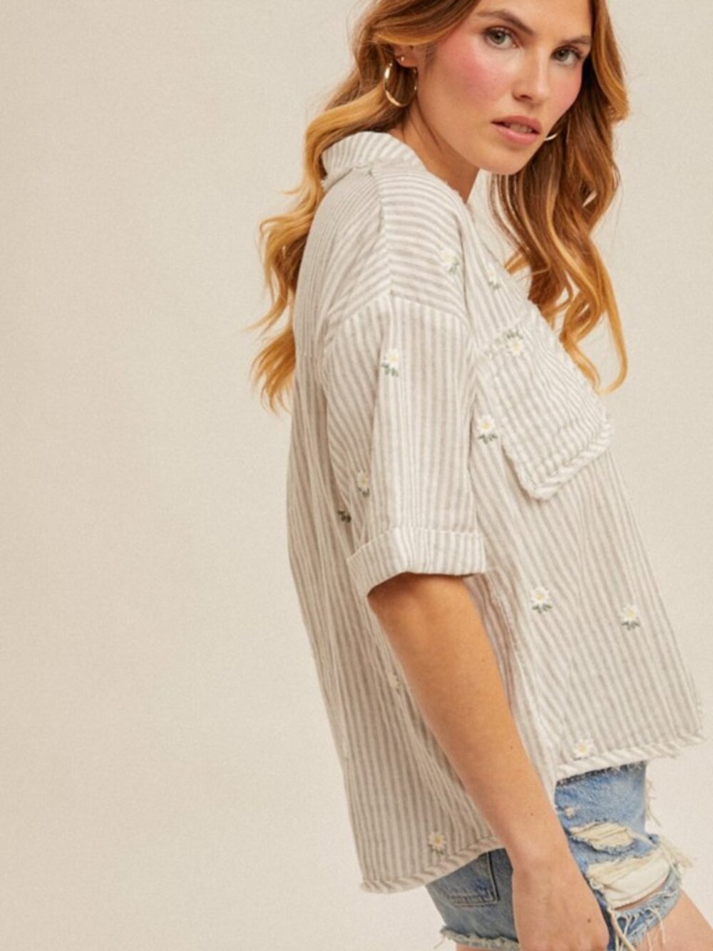 NIP Hem & Thread Daisy Embroidered Striped Fringe Hem Boxy Top -  100% Cotton - Picture 3 of 5